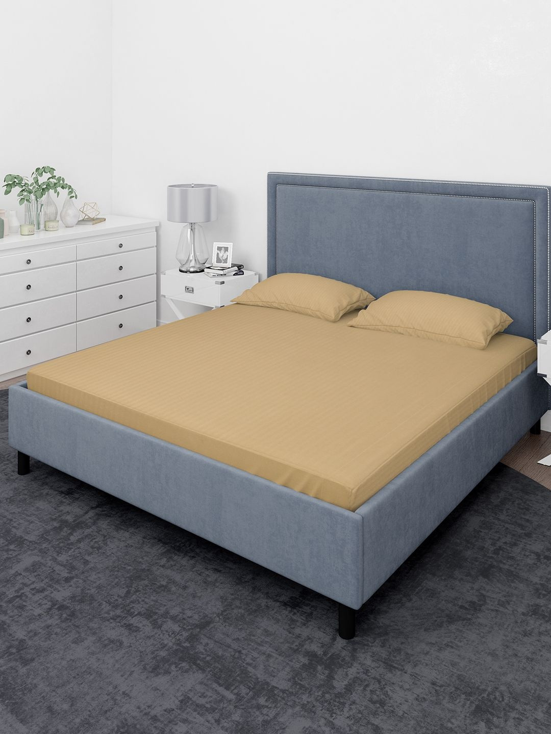 THE CONVERSION Beige Striped Cotton Satin 210 TC Bedsheet Set 2.25 m x 2.50 m