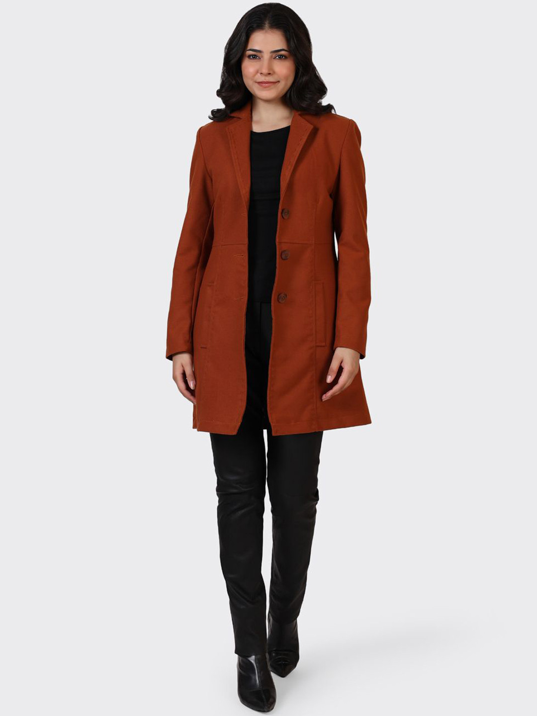 HUE & HIDE Women Solid Notched Lapel Single-Breasted Longline Blazer