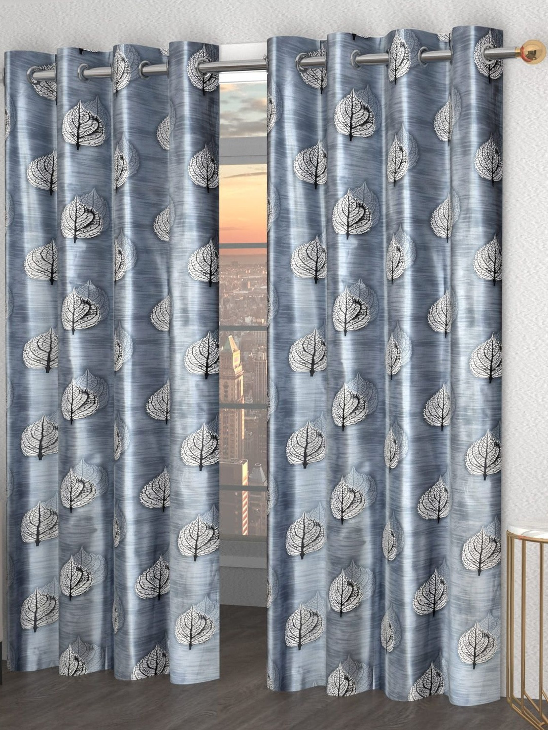 GEET CREATIONS Softy-PanPatta Grey & White 2 Pieces Printed Room Darkening Window Curtains