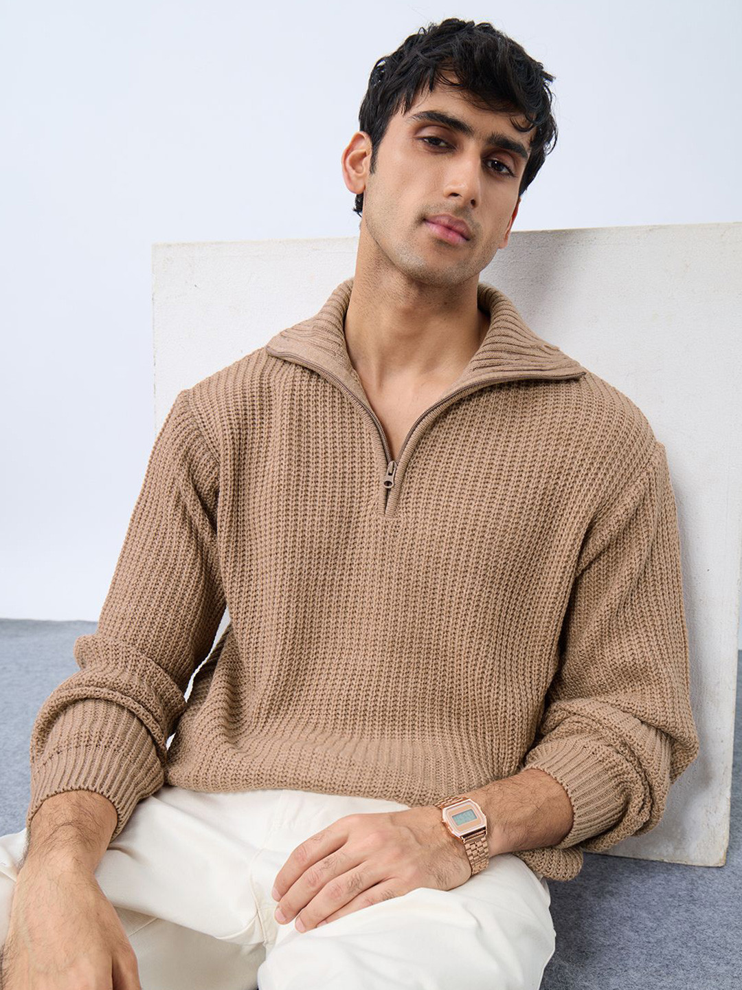 The Souled Store Essence Men Ribbed Mock Collar Pullover Sweaters