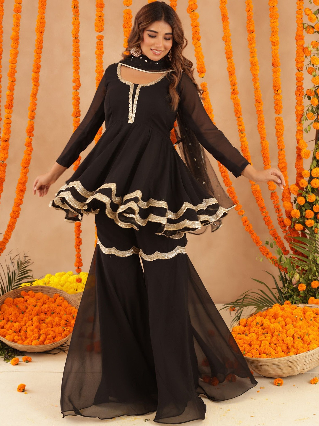 DEASHA INDIA Women Solid Anarkali Kurta with Sharara & Dupatta