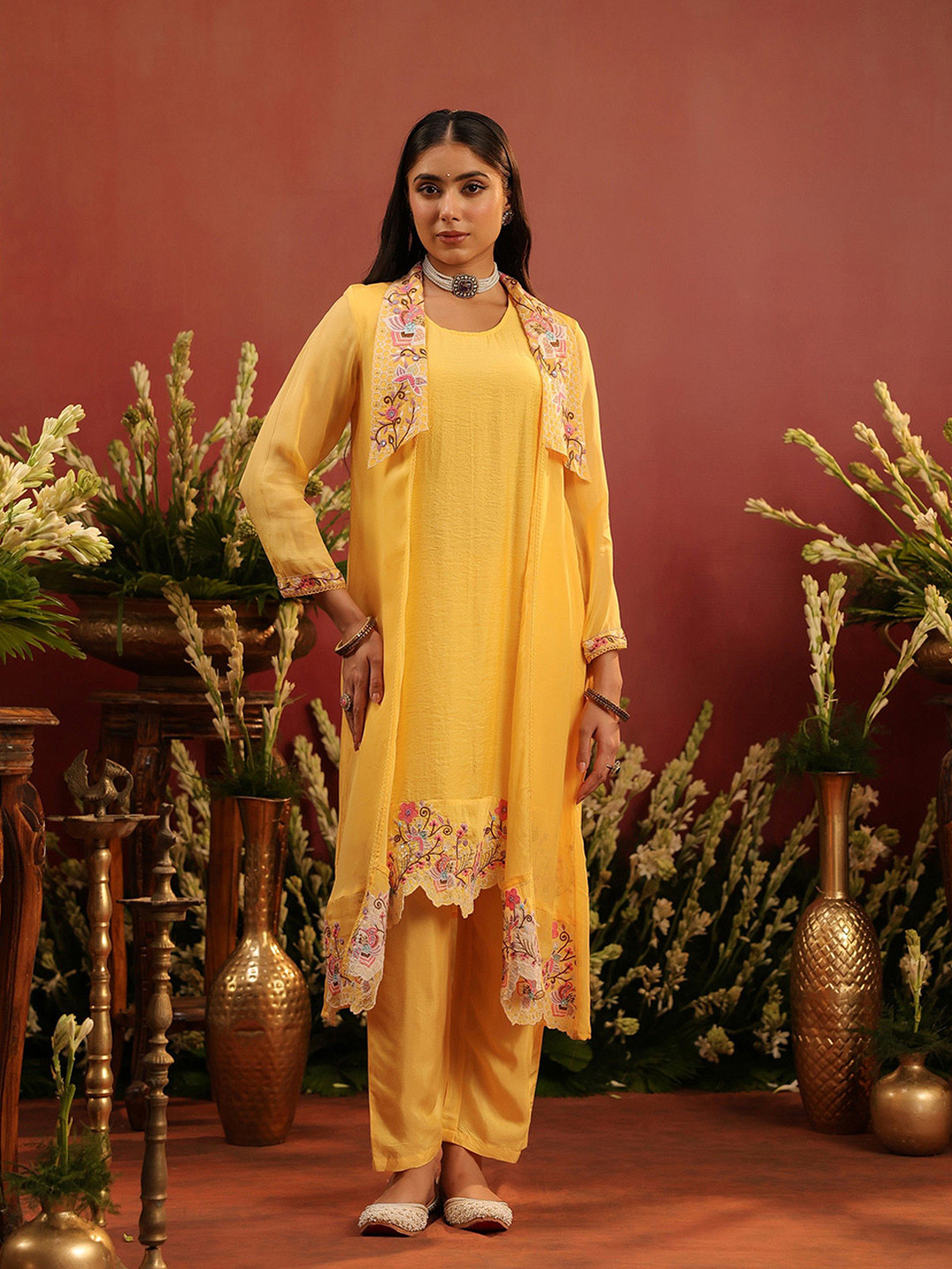 SCAKHI Embroidered Round Neck Organza Silk Tunic & Trousers With Shrug Co-Ords