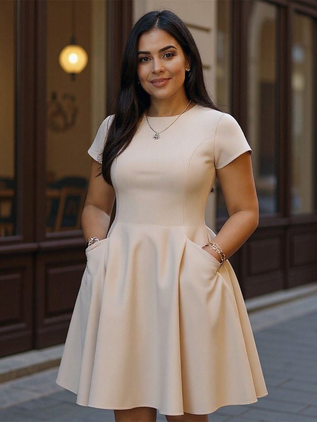 DressBerry Curve Solid Round neck Short Sleeve Fit & Flare Dress With Pockets