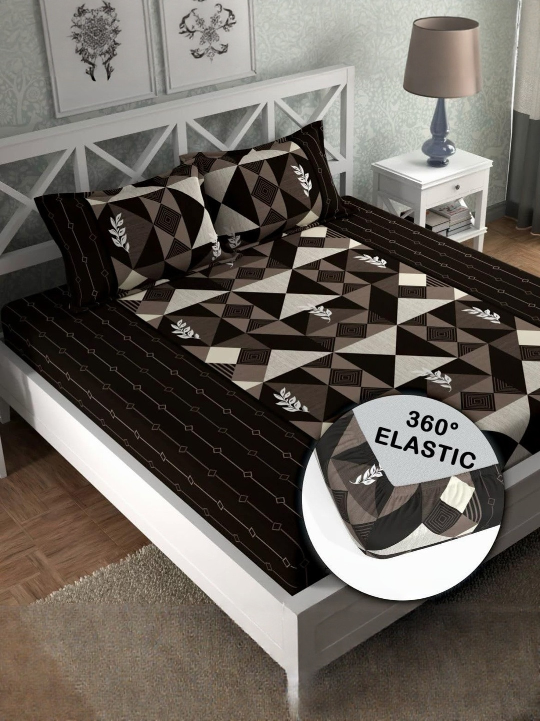 NEW TOWN Black & Brown Geometric 210 TC Queen Bedsheet with 2 Pillow Covers - 78x72x8 inch