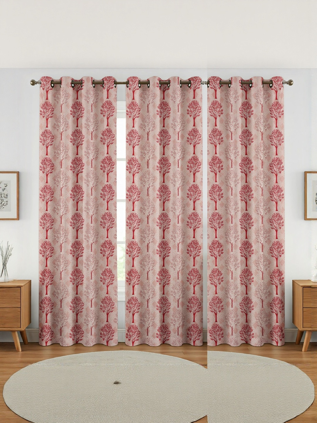GEET CREATIONS Sprit-Vat Pink & Red 3 Pieces Printed Room Darkening Window Curtains