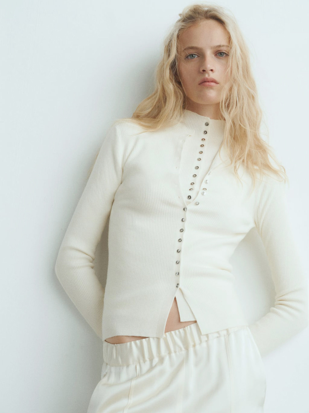 MANGO High-Neck Ribbed Contrast Button Cardigan