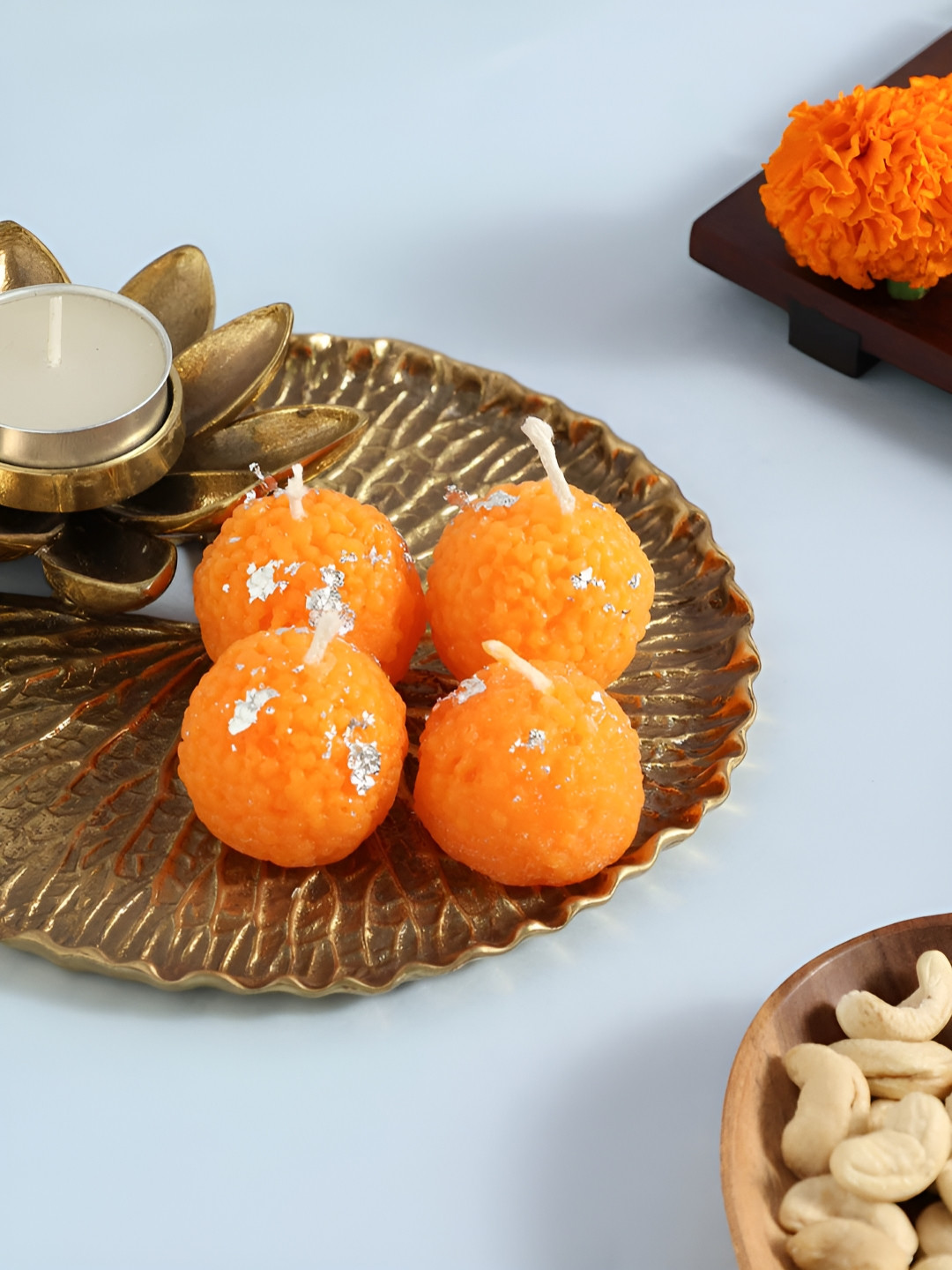 Eyaas Orange & White 2 Pieces Tea Light Soy Wax Laddoo Candles