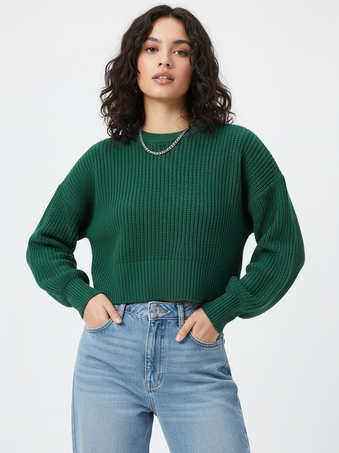 glitchez Cable Knit Drop-Sleeves Acrylic Crop Boxy Fit Pullover