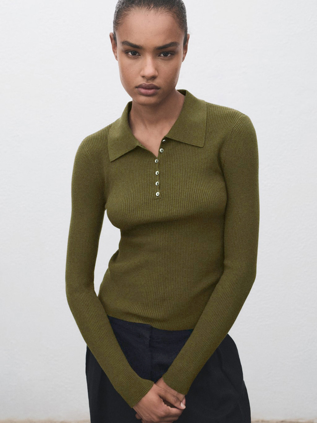 MANGO Ribbed Polo Collar Pullover