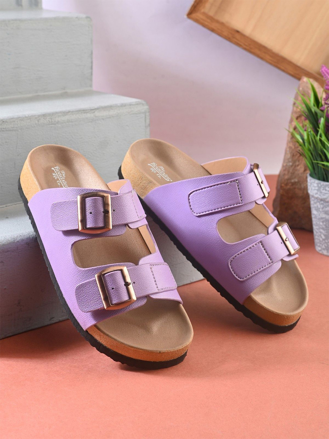 Roadster  Women Lavinder Leather Slipon Open-Toe Flats With Buckles