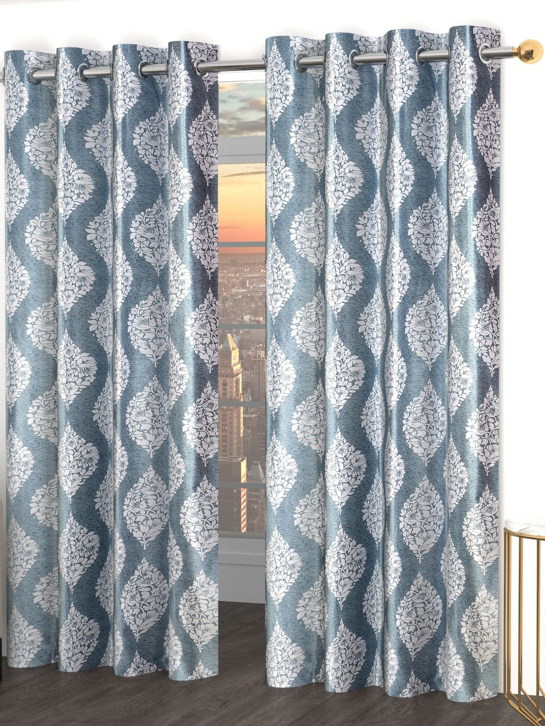 GEET CREATIONS Damas Grey & White 2 Pieces Printed Room Darkening Window Curtains