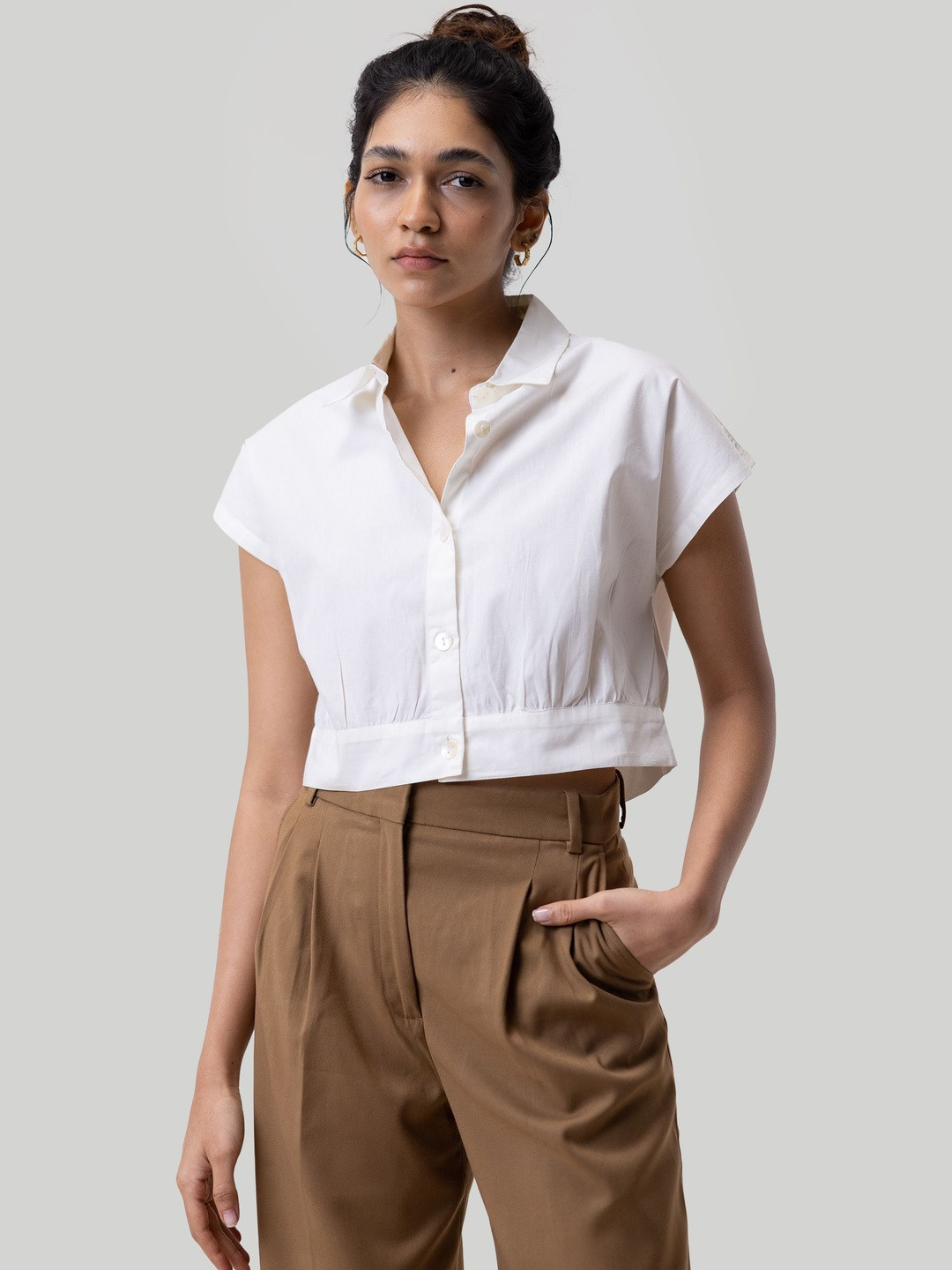 Reistor Women Solid Oversized Cotton Shirt Style Crop Top