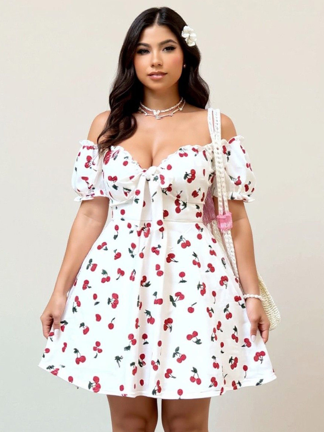 DressBerry Curve Women Plus Size Graphic Printed Sweetheart Neck Tie-Ups Fit & Flare Dress