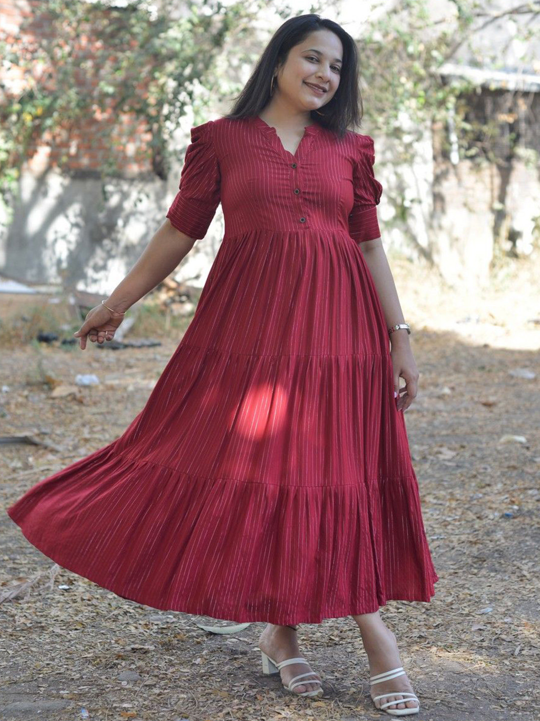 One House Women Starry Striped Puff Sleeve Fit & Flare Maxi Dress