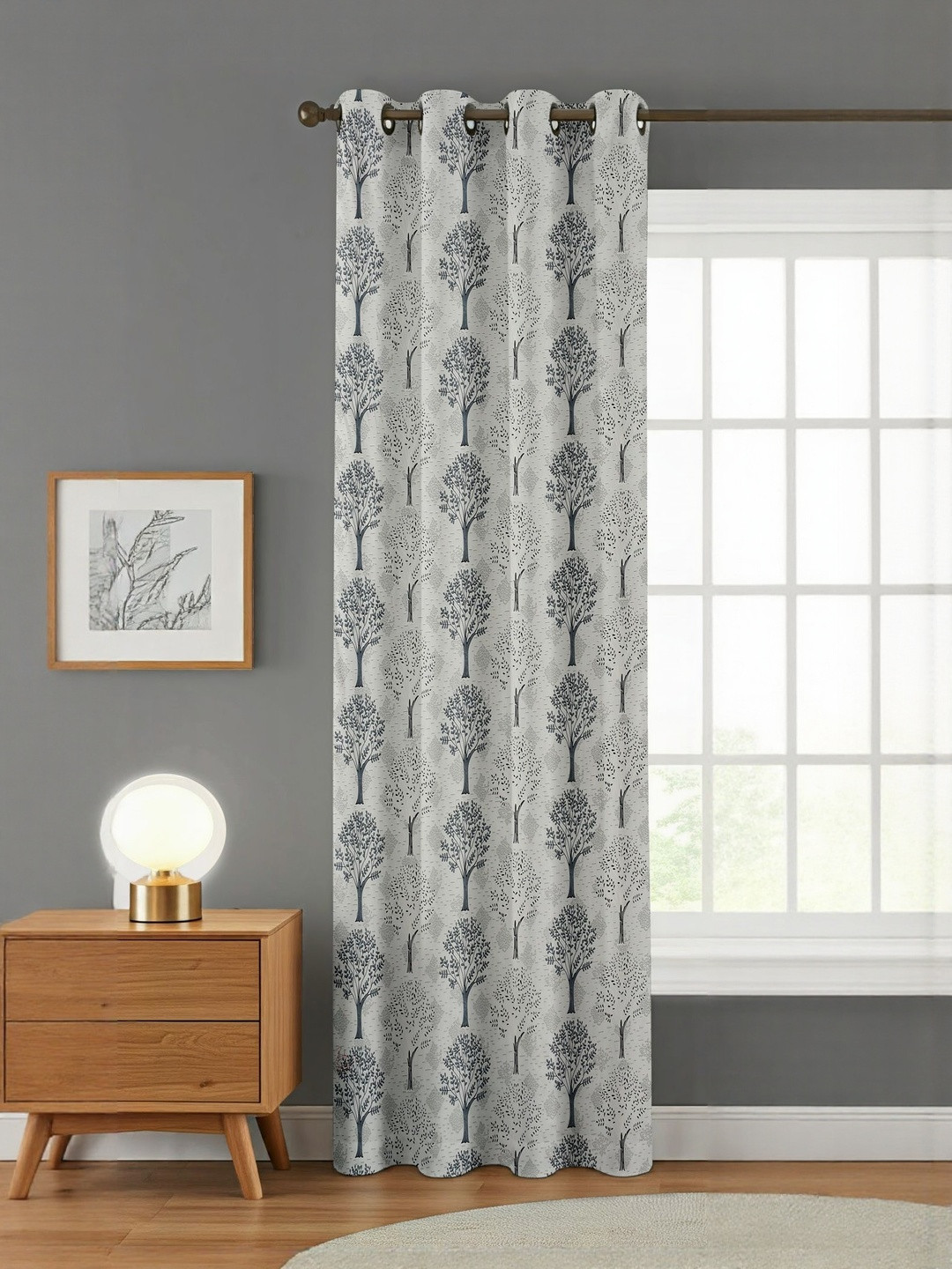 GEET CREATIONS Sprit-Vat Grey & White Floral Printed Room Darkening Door Curtain
