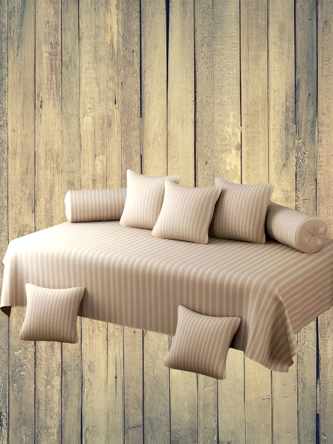 WELLNEST Beige Plain Striped Printed Cotton Diwan Set