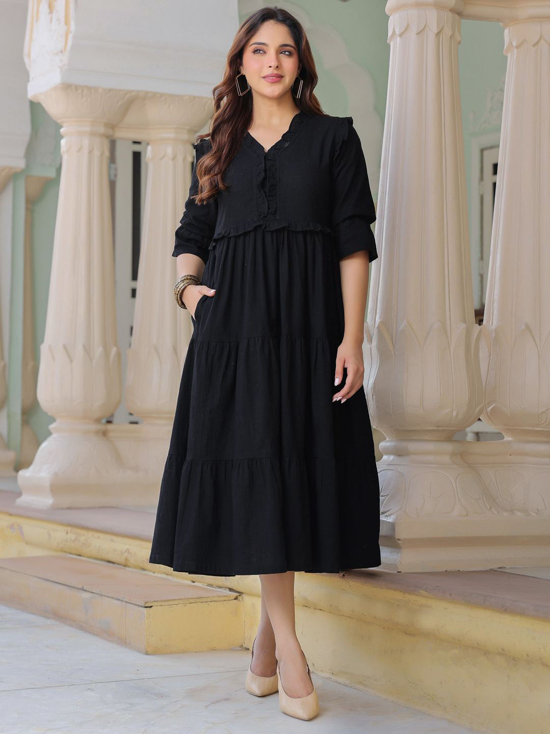 Rain & Rainbow Women Pure Cotton Ruffle-Detail V-Neck Fit & Flare Midi Dress