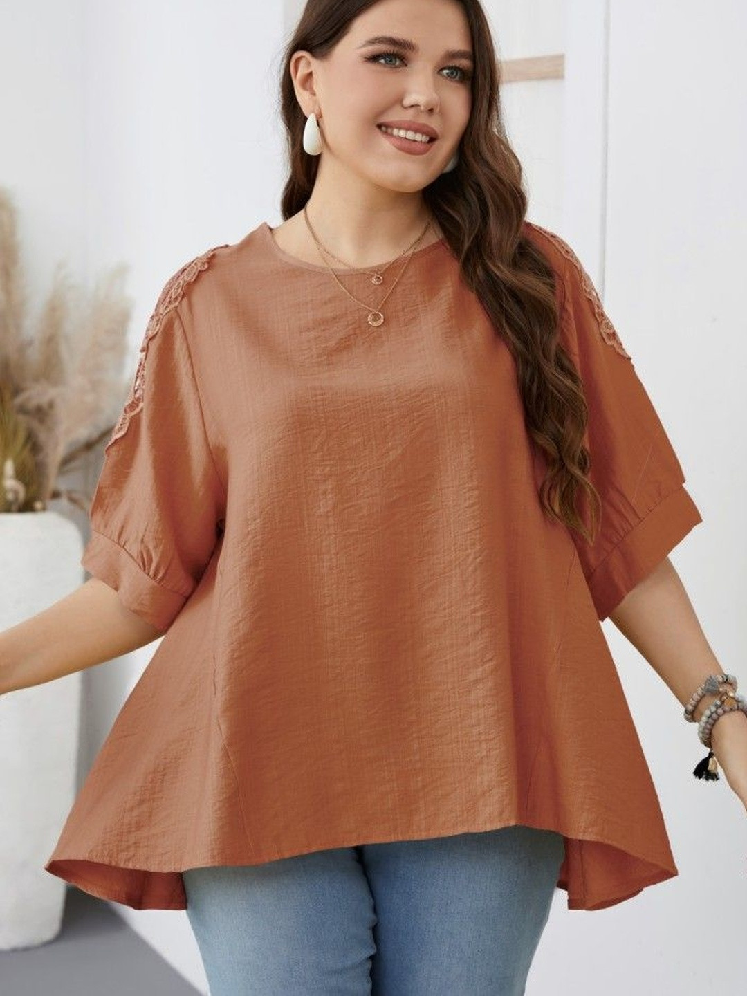 Sztori Women Plus Size Lace Inserts Cotton Top