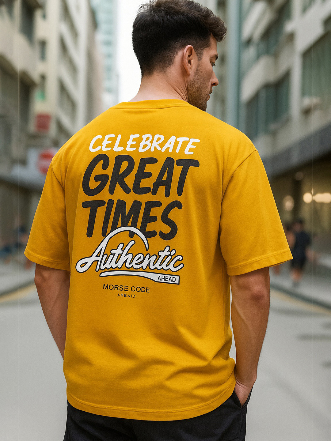 MORSE CODE Mustard Typography Oversized Cotton T-shirt