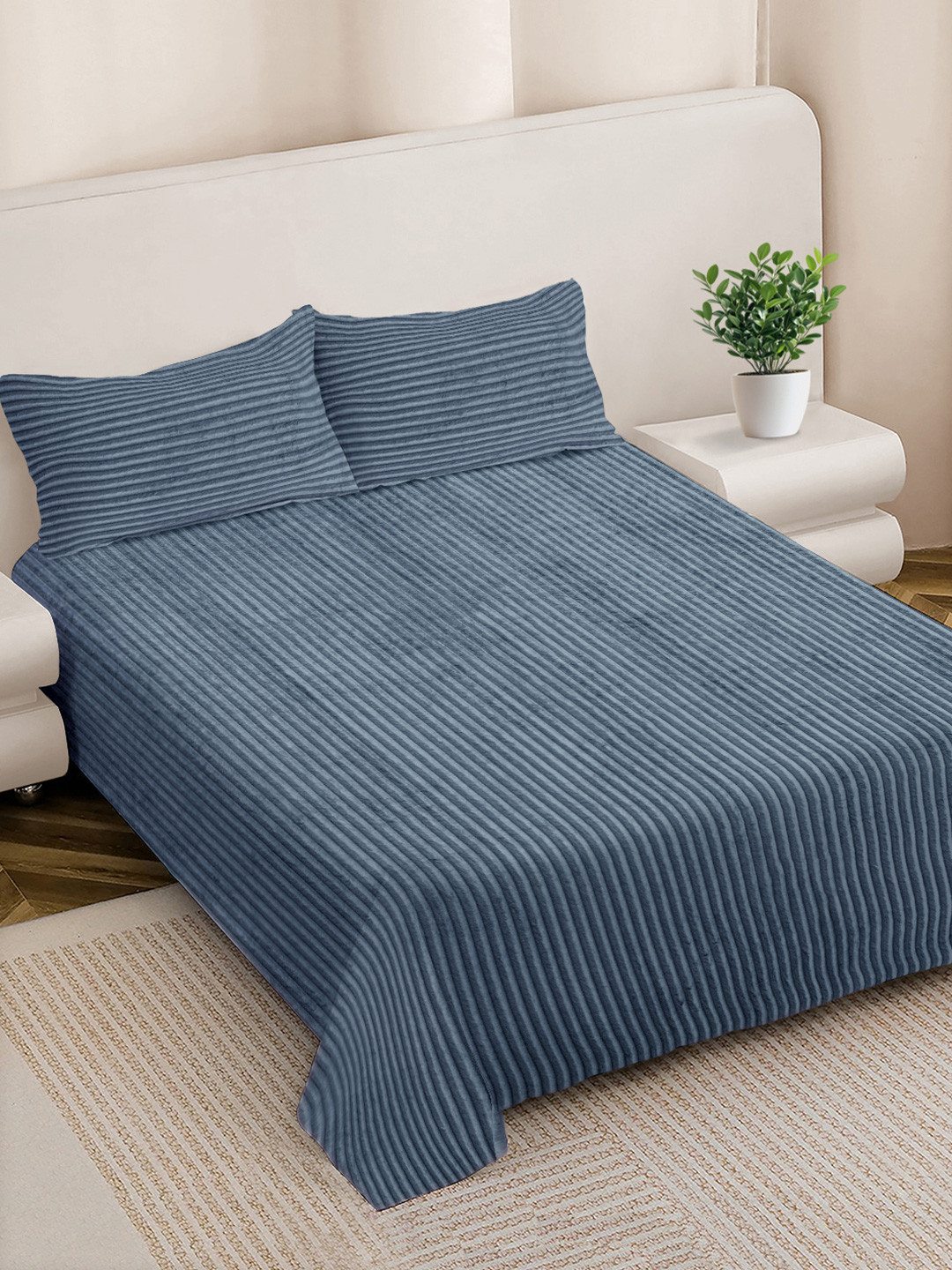 FABINALIV Blue Striped Wool 300 TC King Fine Bedsheet with 2 Pillow Covers-98 x 89 inches