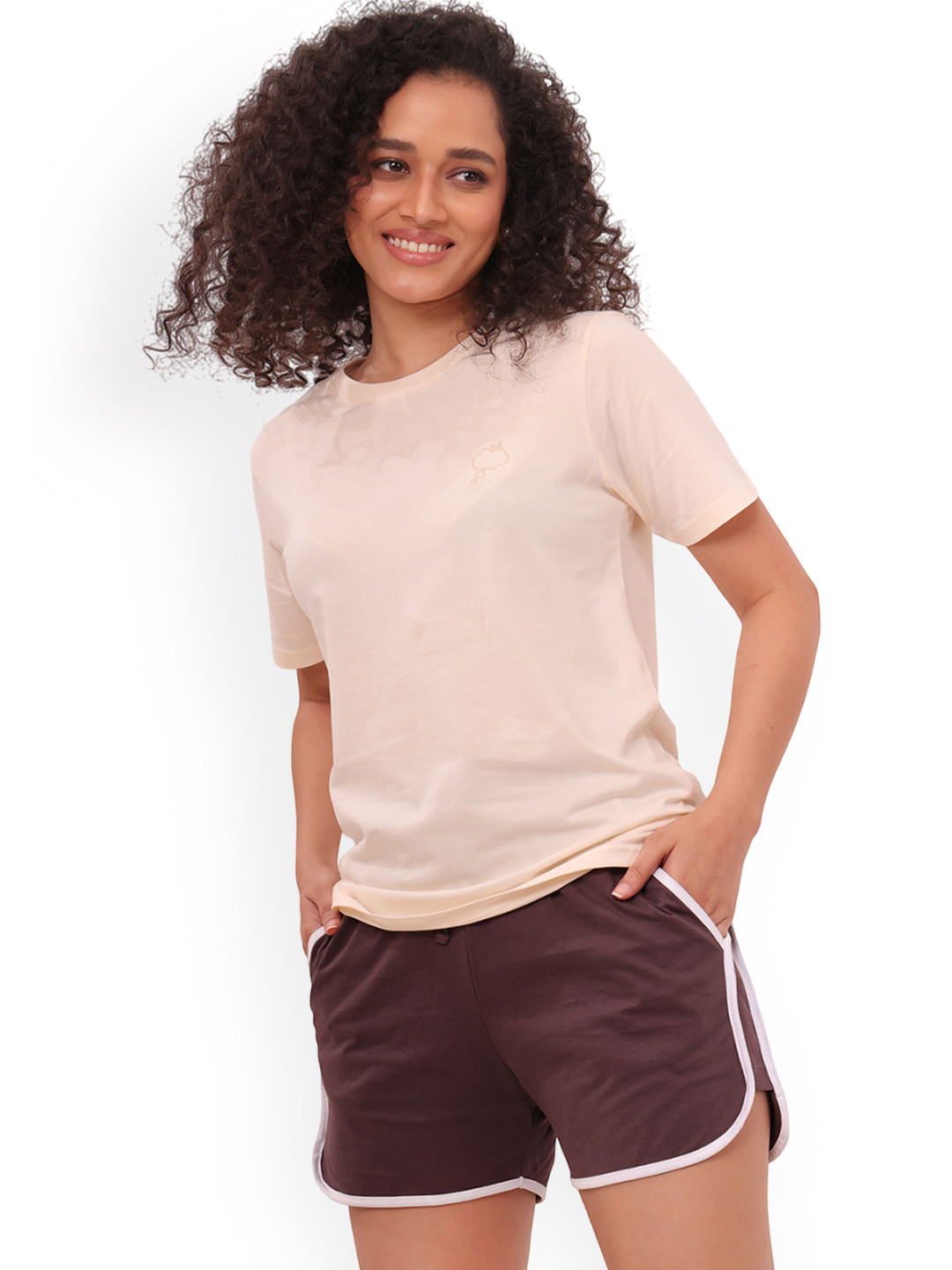 NAP STORY Basic Ecru Round Neck Pure Cotton Lounge Tshirts