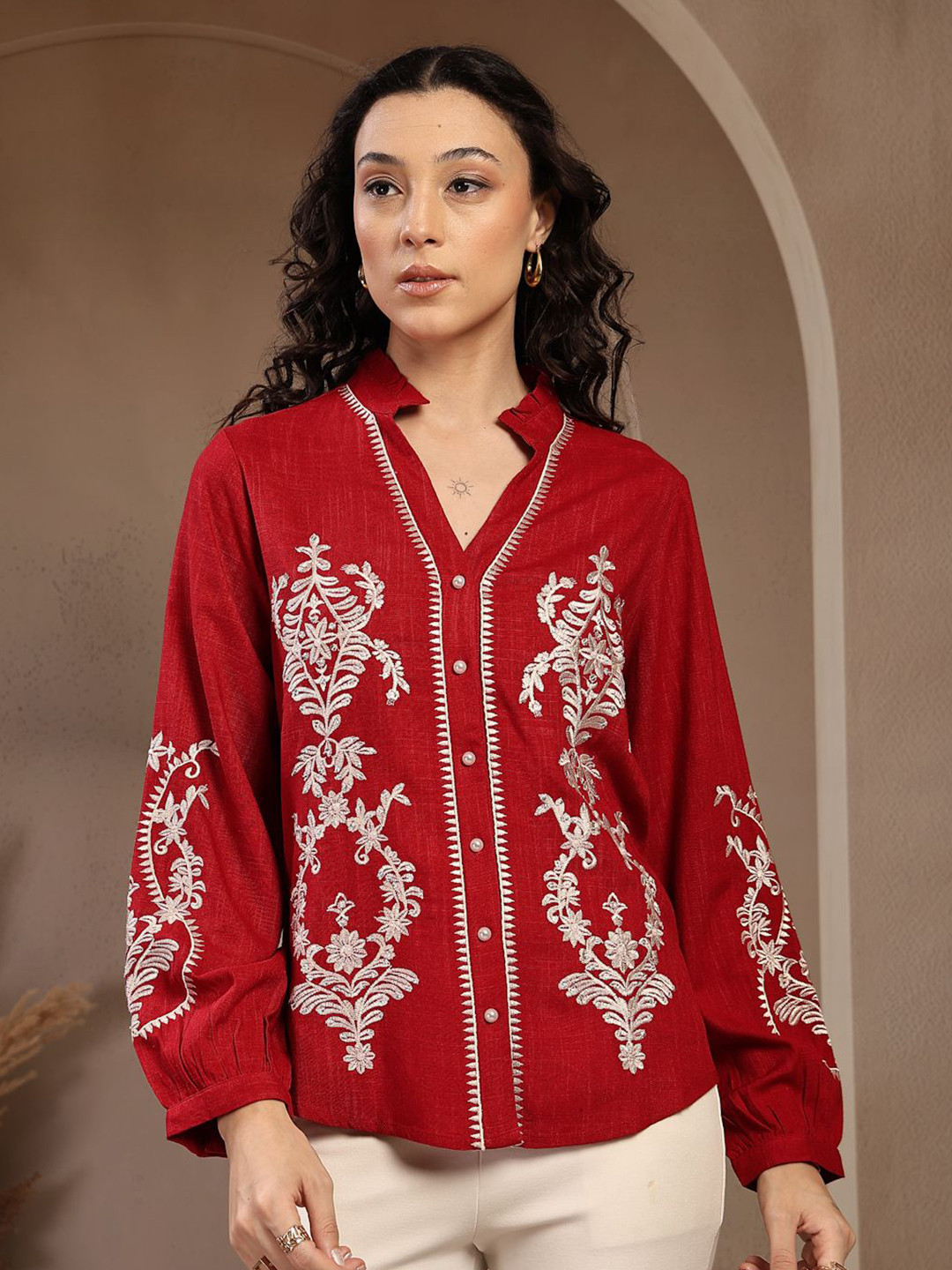 Gipsy Women Viscose Rayon Mandarin Collar Long Sleeves Tunic