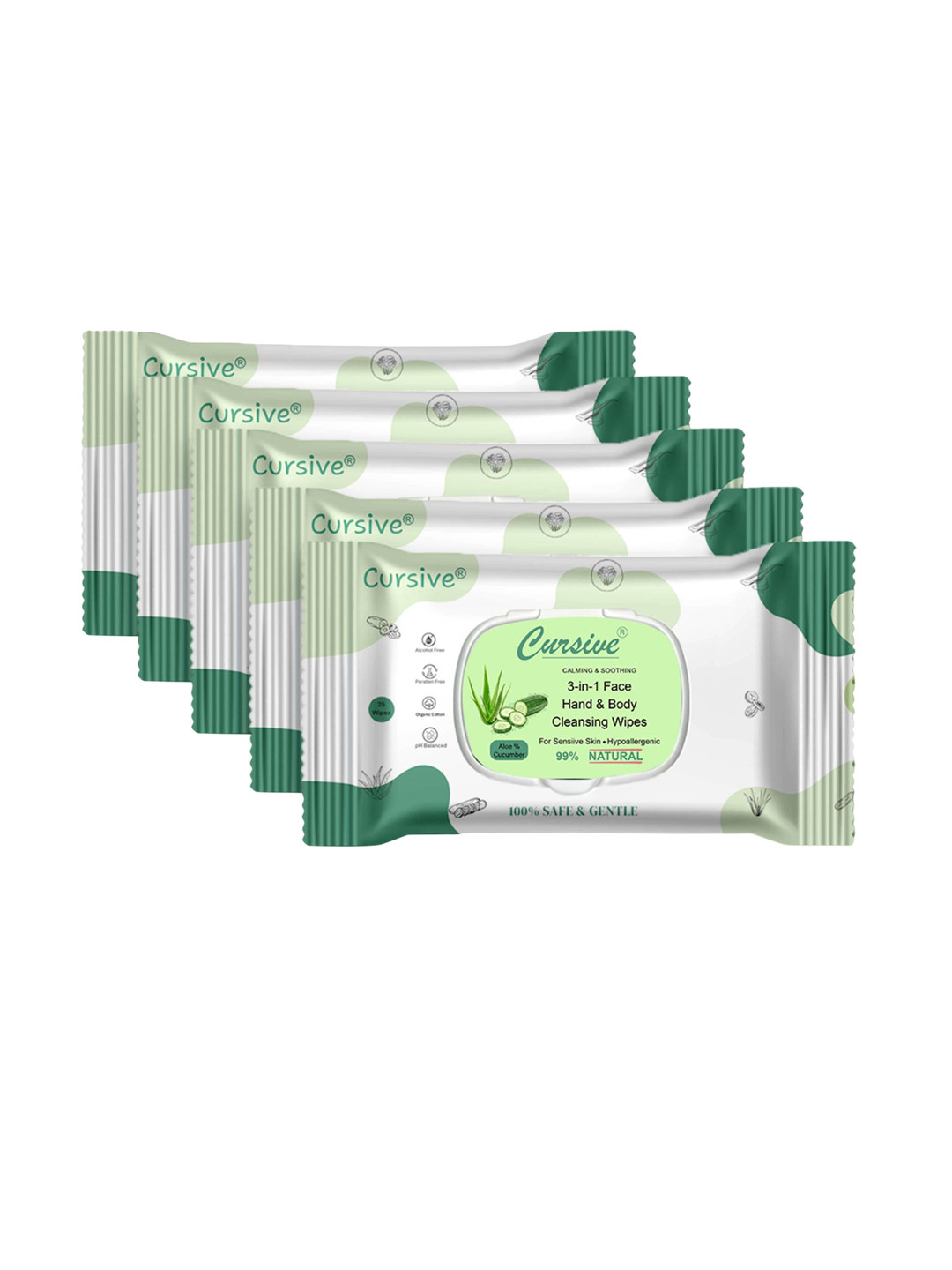 CURSIVE Set Of 5 Calming & Soothing Cleansing Wipes With Aloe & Cucumber - 25 Wipes Each