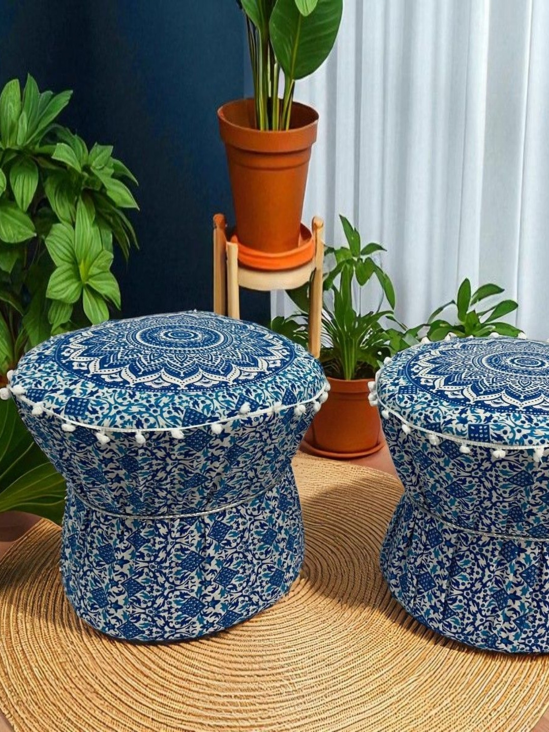 POSHMANDALA Blue & Beige 2-Pcs Motifs Printed Pure Cotton Muda Covers