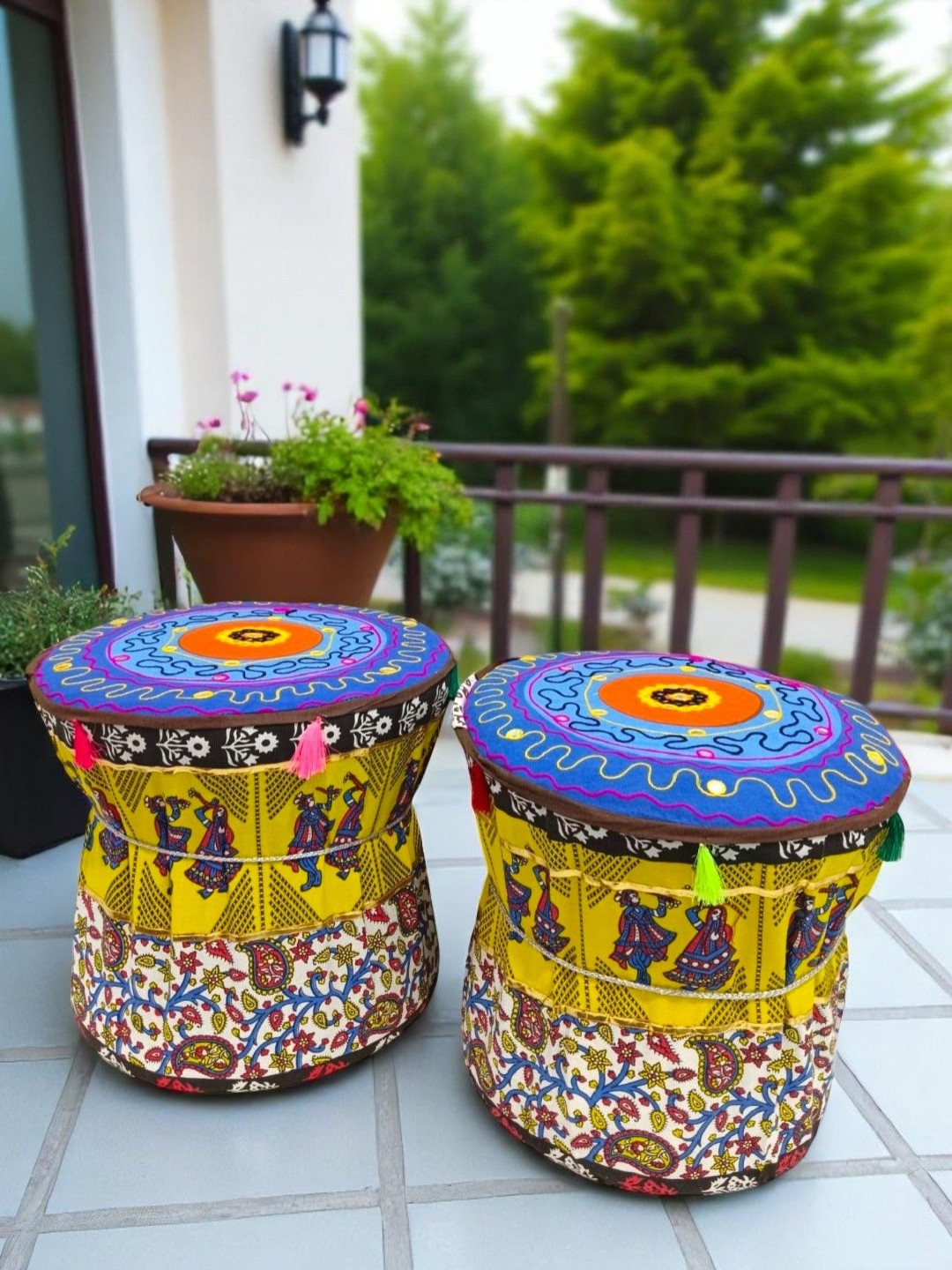 POSHMANDALA Set Of 2 Yellow & Blue Dandiya Design Embroidered Pure Cotton Muda Covers