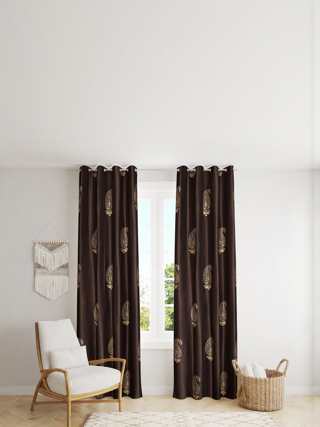 GEET CREATIONS Softy-BigLeaf Brown 2 Pieces Printed Room Darkening Window Curtains