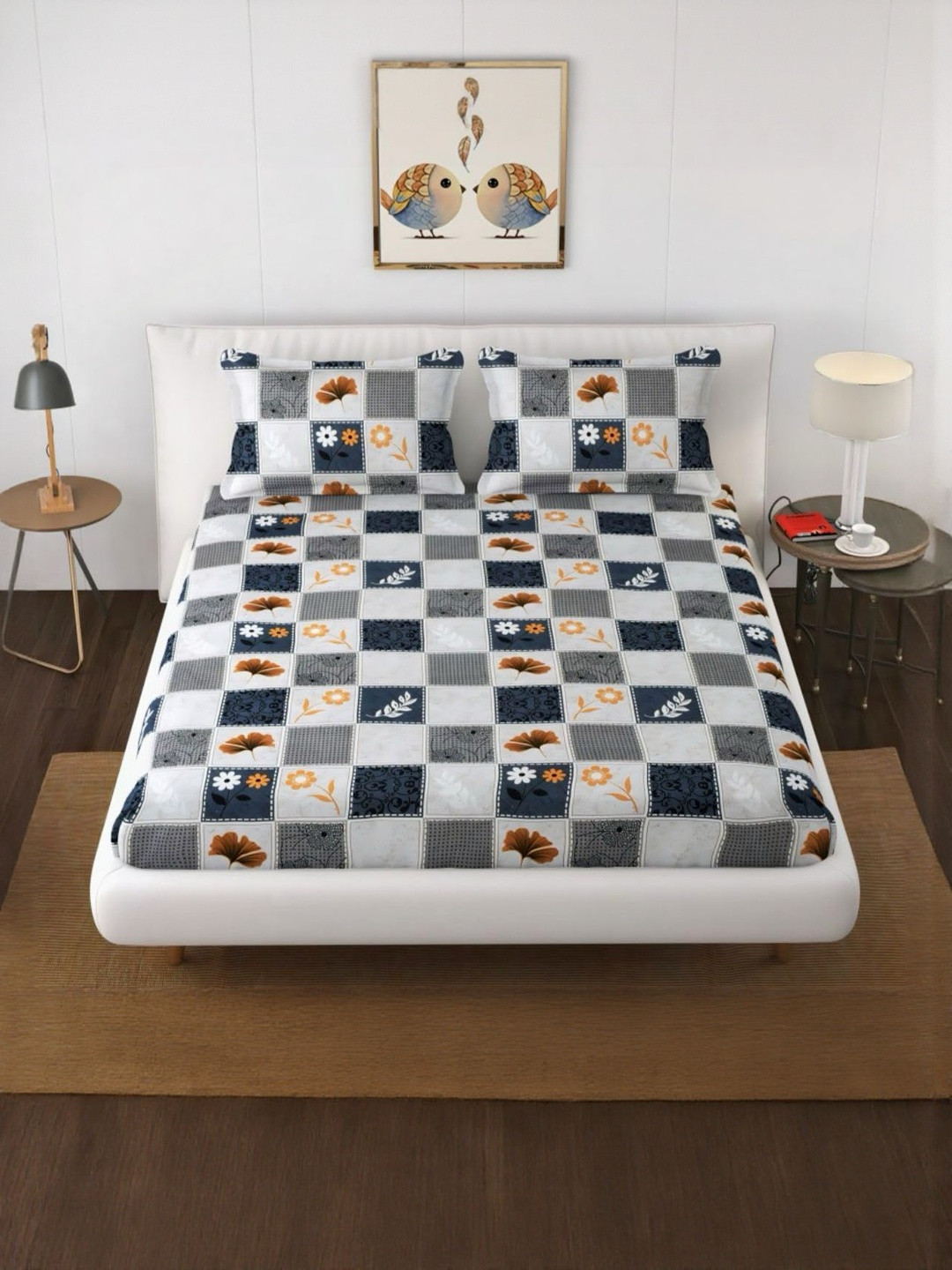 NEW TOWN Grey & Yellow Geometric Printed 210 TC Elasticated King Bedsheet Set