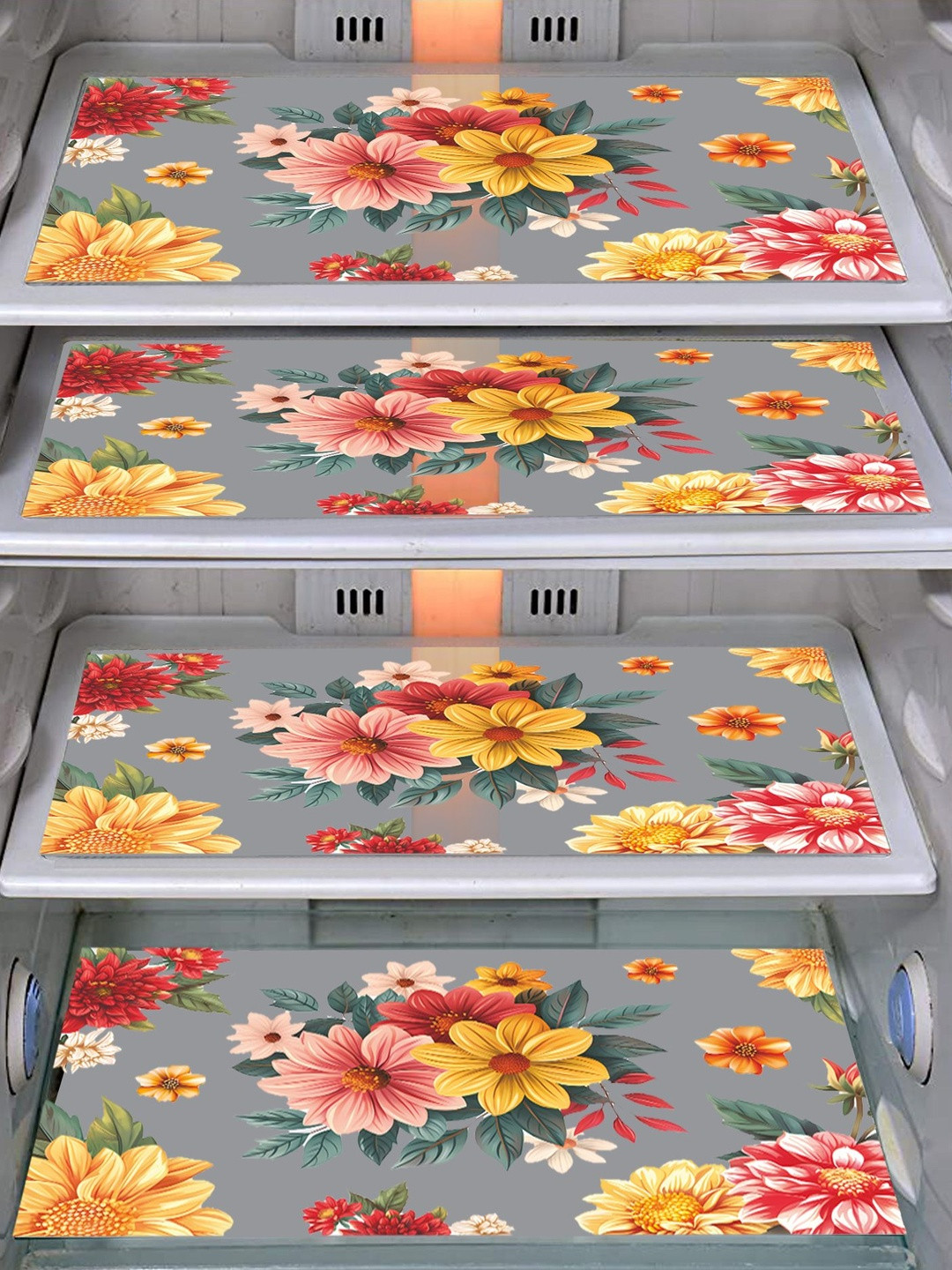 LooMantha Yellow & Pink 4 Pieces Floral Printed Refrigerator Shelf Mats