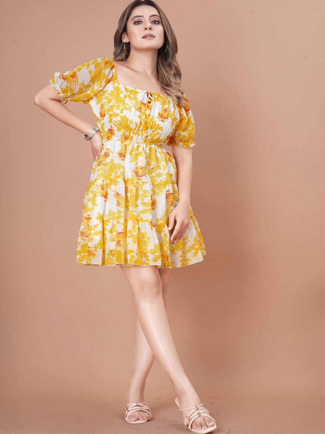 MAIYYA COLLECTION Floral Printed Puff Sleeve Smocke Fit & Flare Dress
