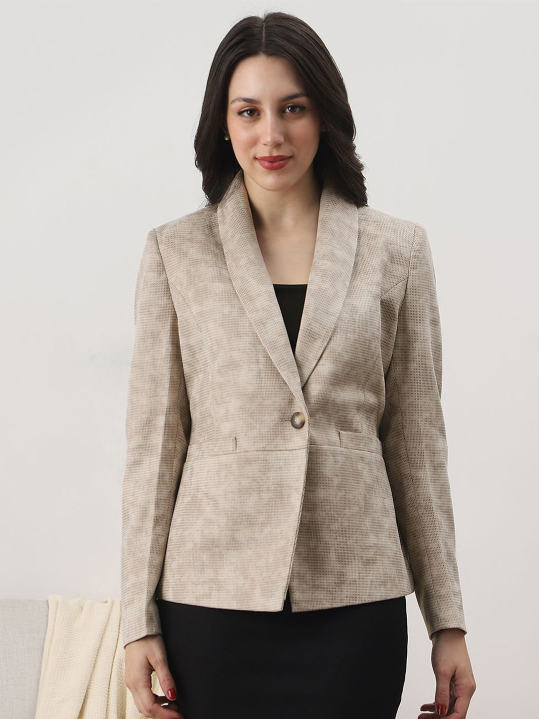 Globus Women Beige Shawl Collar Long Sleeves Self Design 2 Pockets Winterwear Overcoat