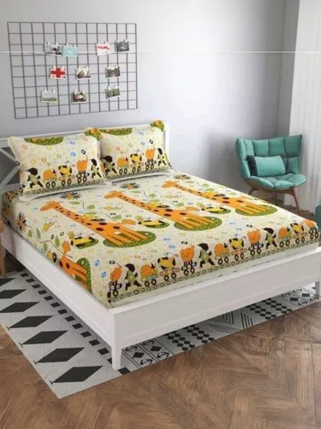 NEW TOWN White & Orange Cartoon Characters 210 TC Queen Bedsheet with 2 Pillow Covers