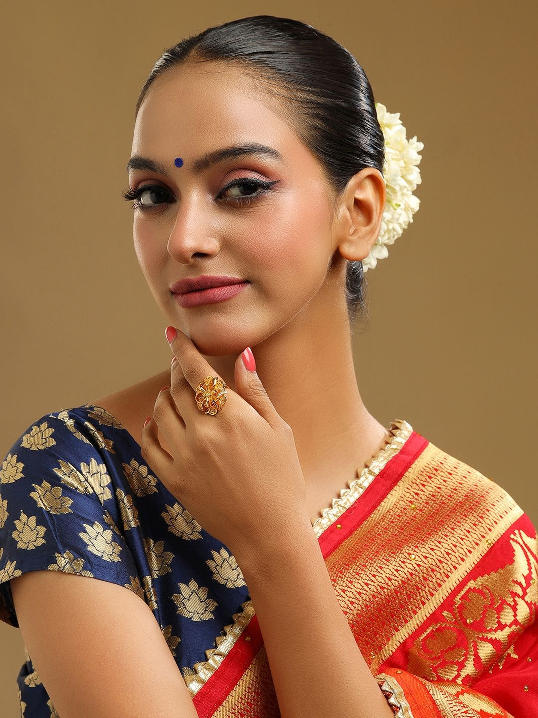 Ruby Raang Gold-Plated Floral Textured Adjustable Finger Ring