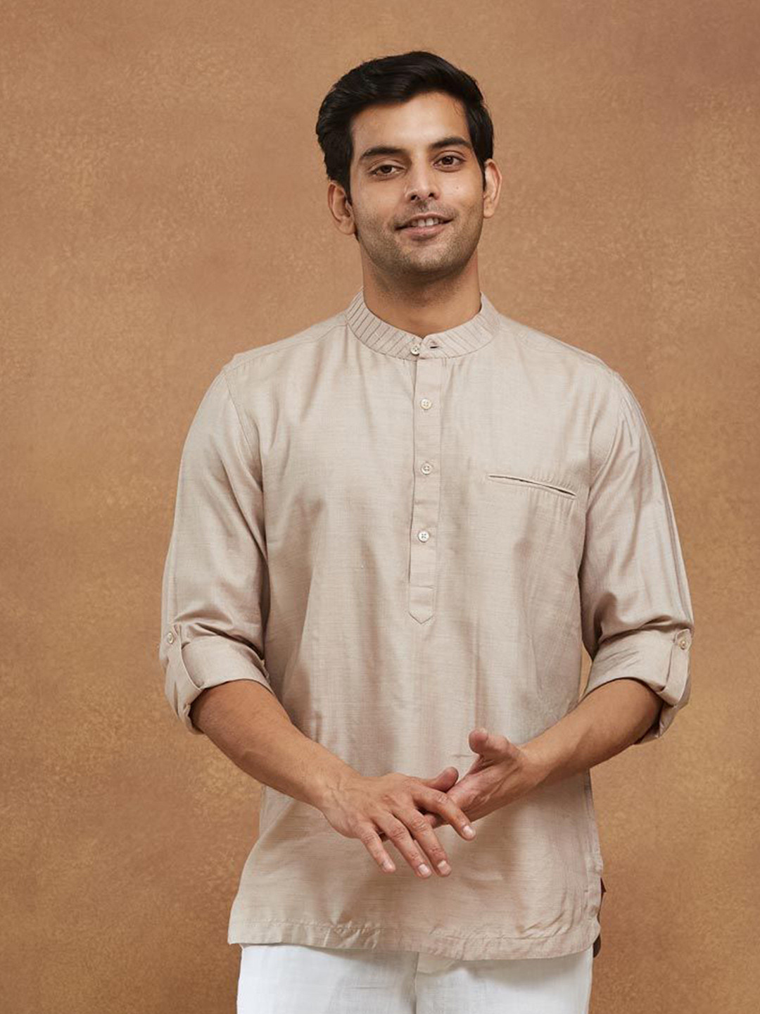 Fabindia Fashion Men Slim Fit Chest Pocket Mandarin Collar Roll-Up Sleeves Shirt