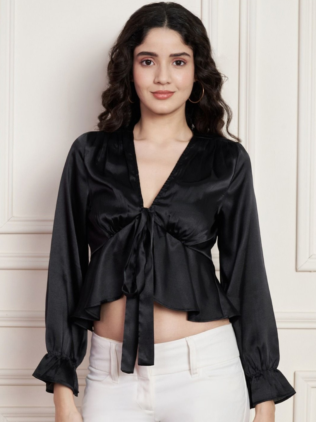 SZN Women V-Neck Full Sleeves Satin Wrap Crop Top with Tie-Ups Detail