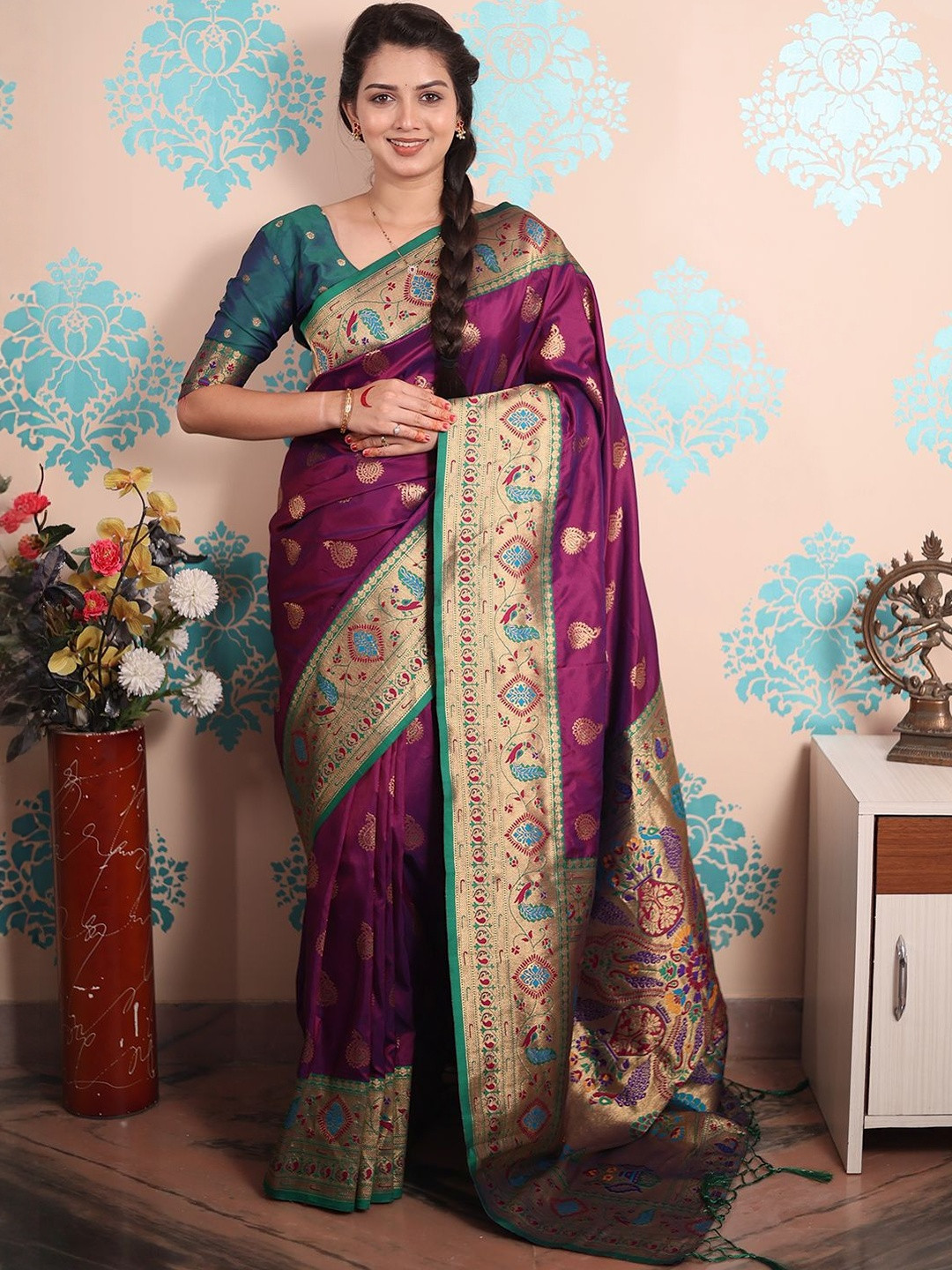 Nayanthara Trends Woven Design ZariPaithani Saree With Unstitched Blouse Piece