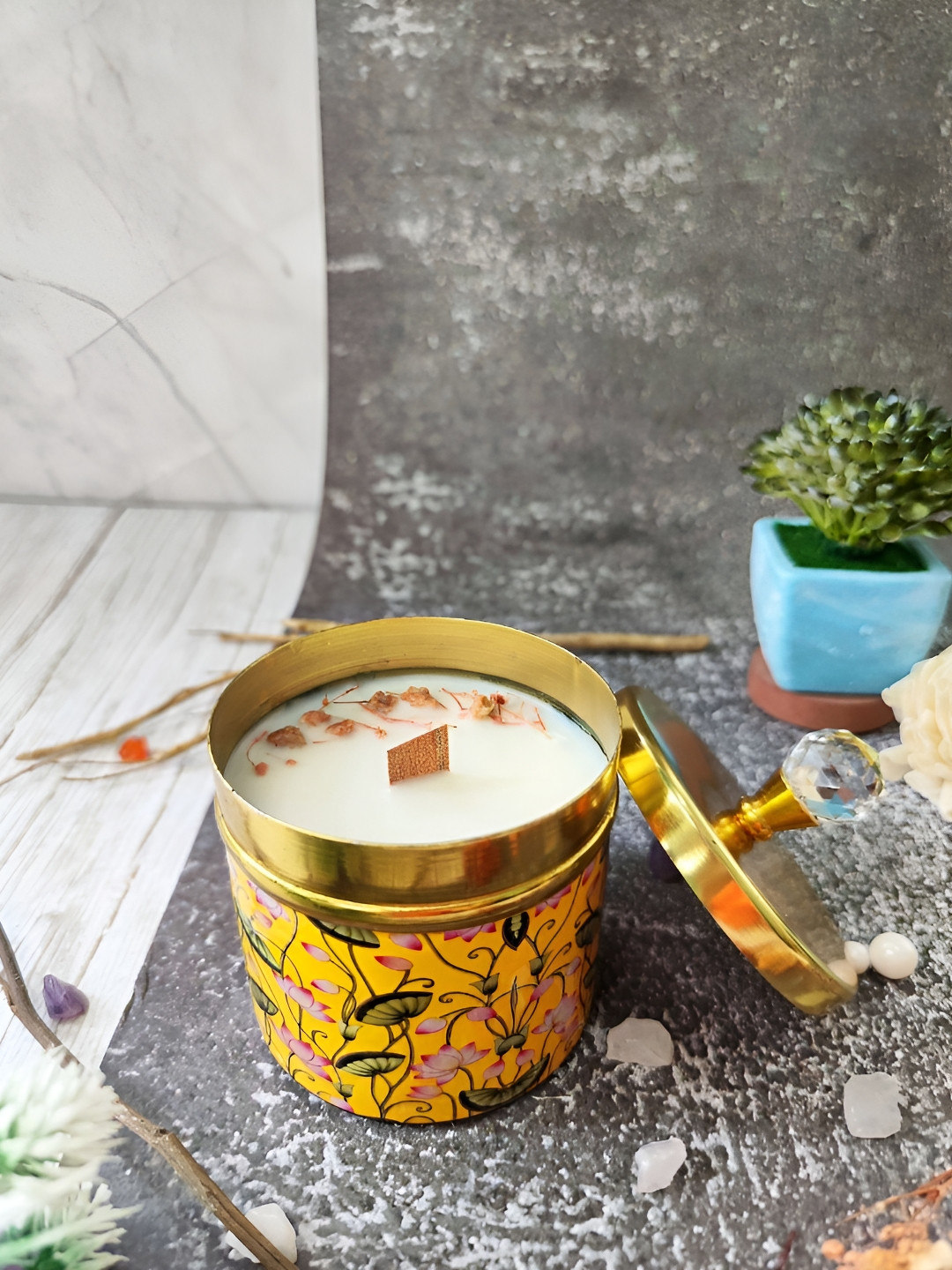 Candle Nest Yellow & White Teakwood Pichwai Wooden Wick Jar Candle