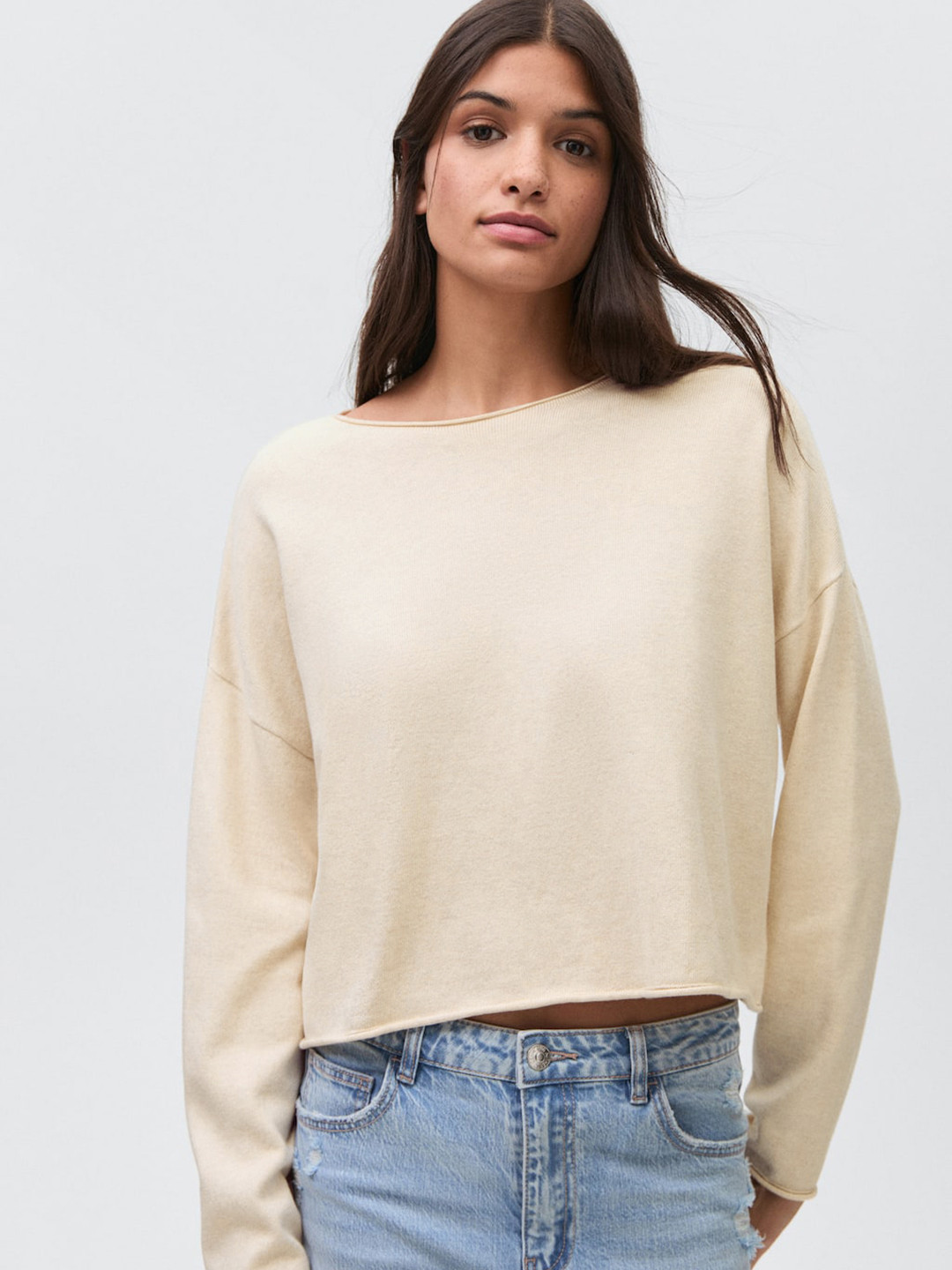 MANGO Boat Neck Drop-Sleeves Crop Pullover Sweater