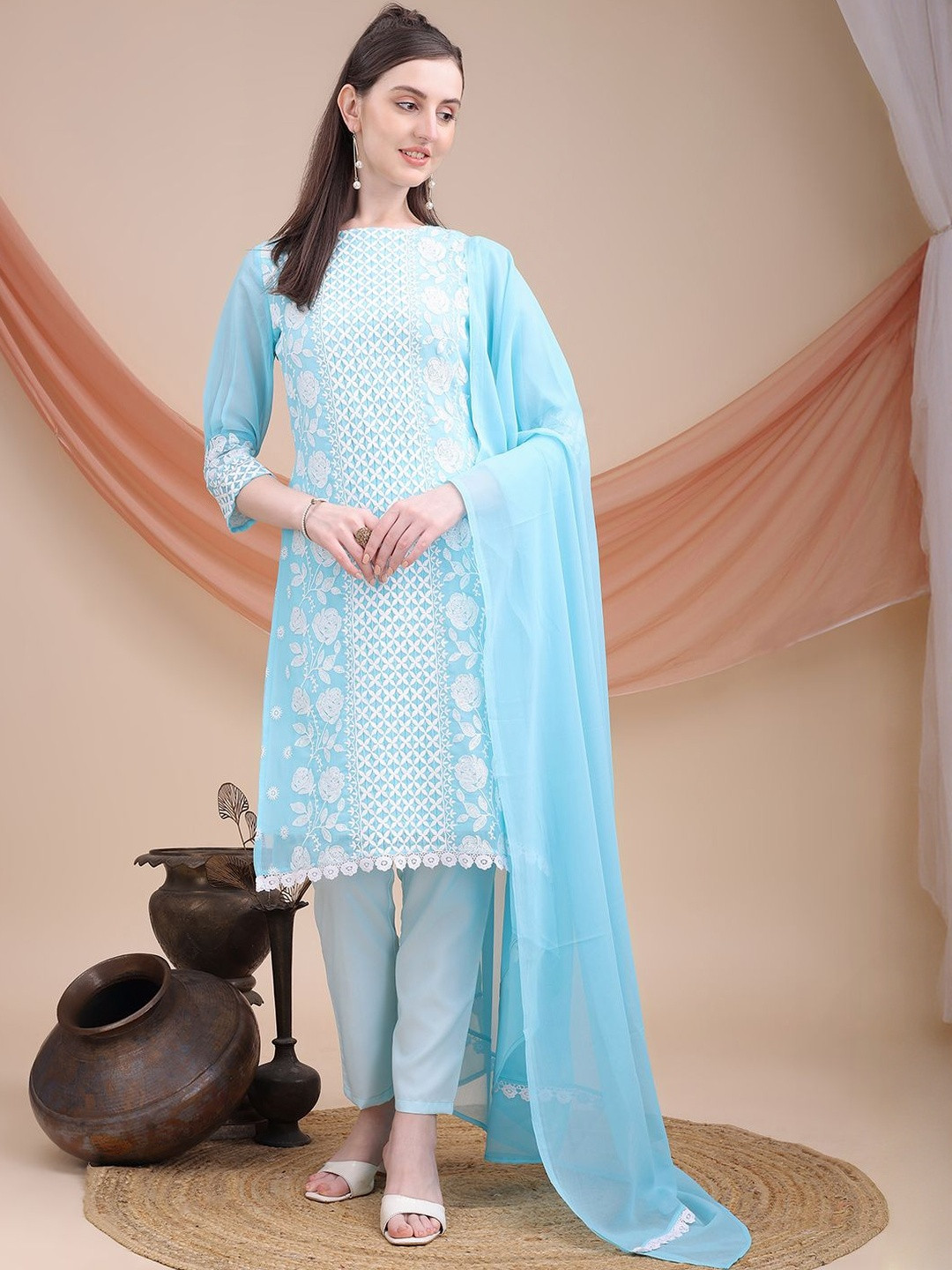 KALINI Women Georgette Ethnic Motifs Embroidered Regular Chikankari Kurta Set