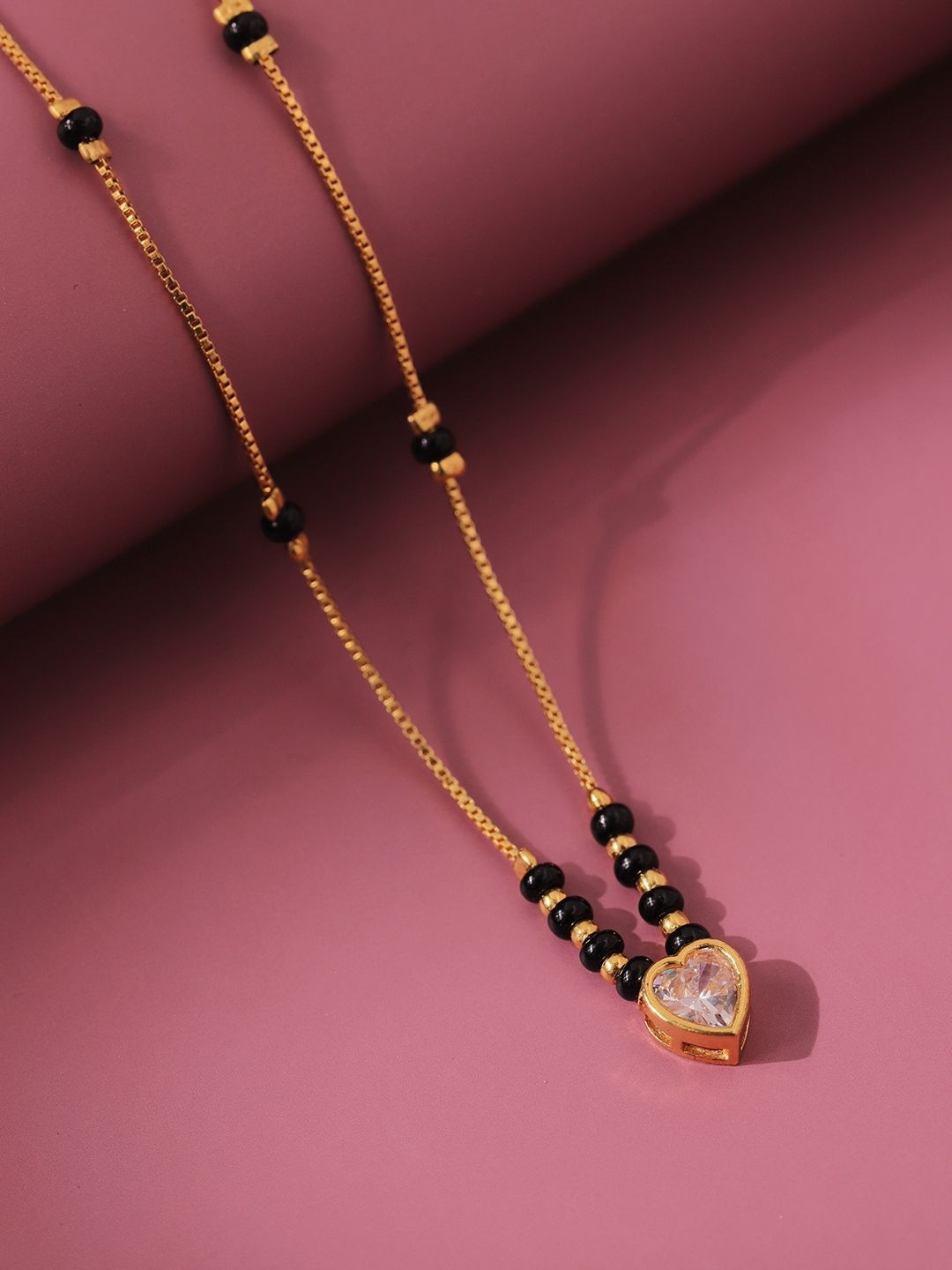 Voylla Luvora Gold-Plated American Diamond Stone Studded & Beaded Oval Mangalsutra