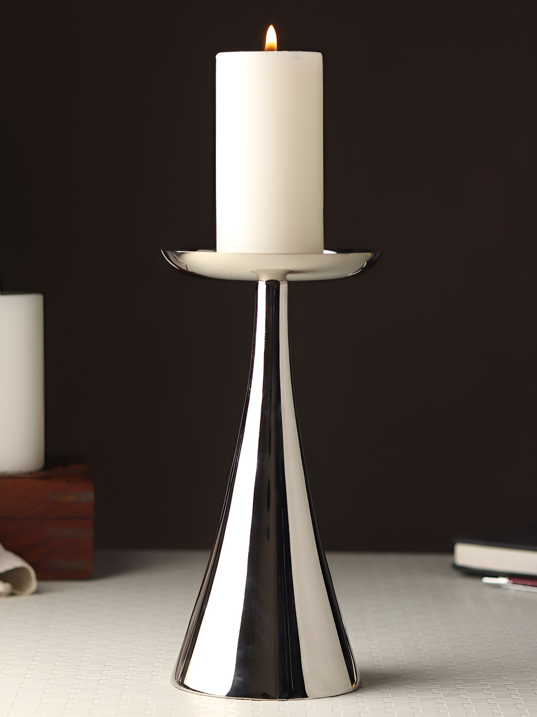 Decor de Maison Aureus Silver-Toned Tall Pillar Candle Holder