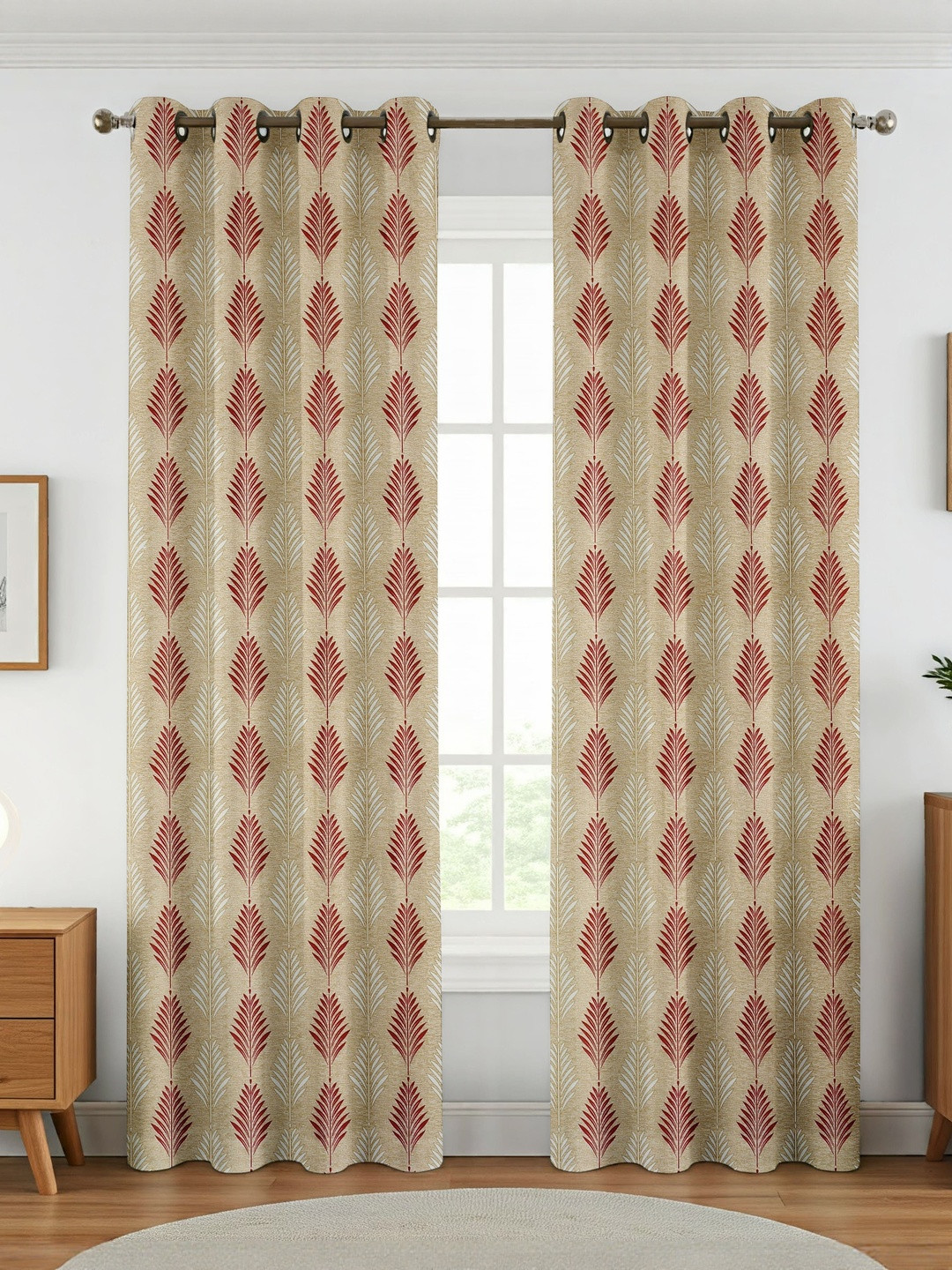 GEET CREATIONS Softy-Plume Maroon 2 Pieces Printed Room Darkening Window Curtains