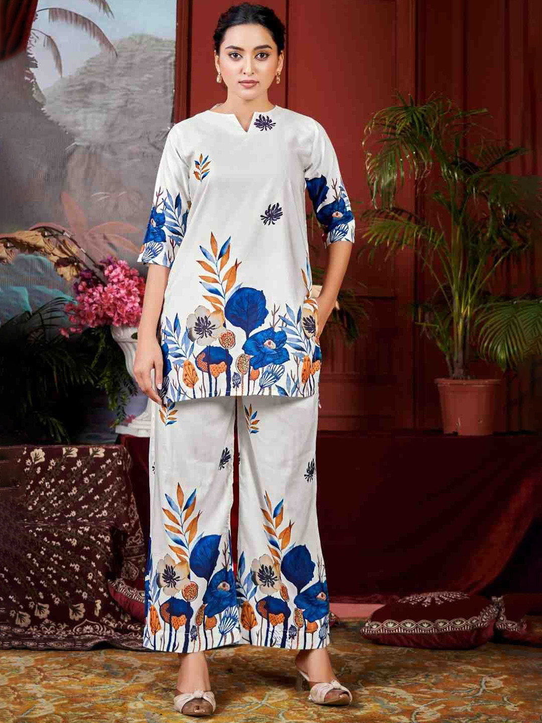 Pink Formal Floral Printed Round Neck Top With Palazzos Co-Ords