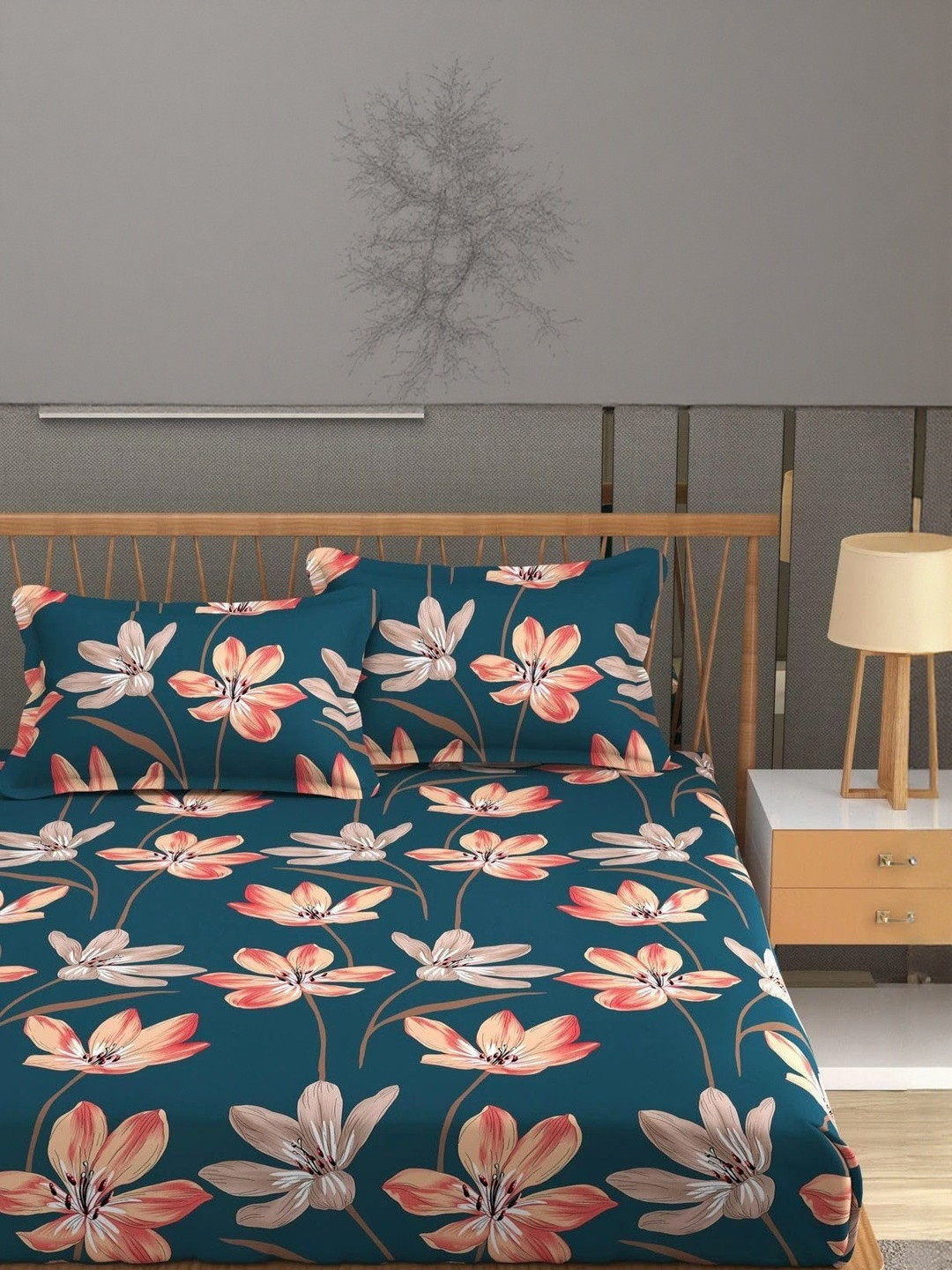 NEW TOWN Teal & Pink Floral 210 TC Queen Cotton Bedsheet with 2 Pillow Covers