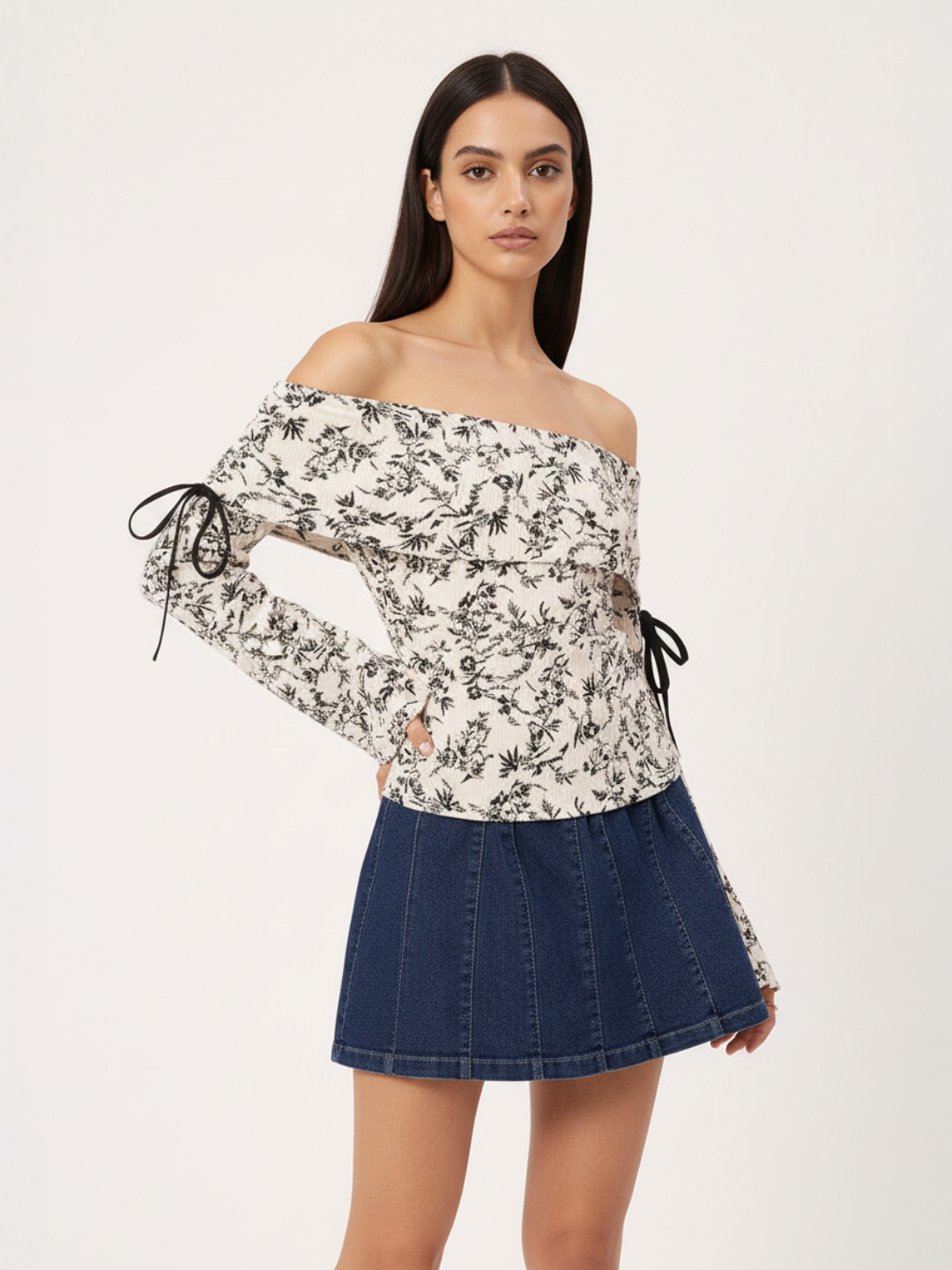 DressBerry Floral Femme Off-Shoulder Bow Detail Bardot Top