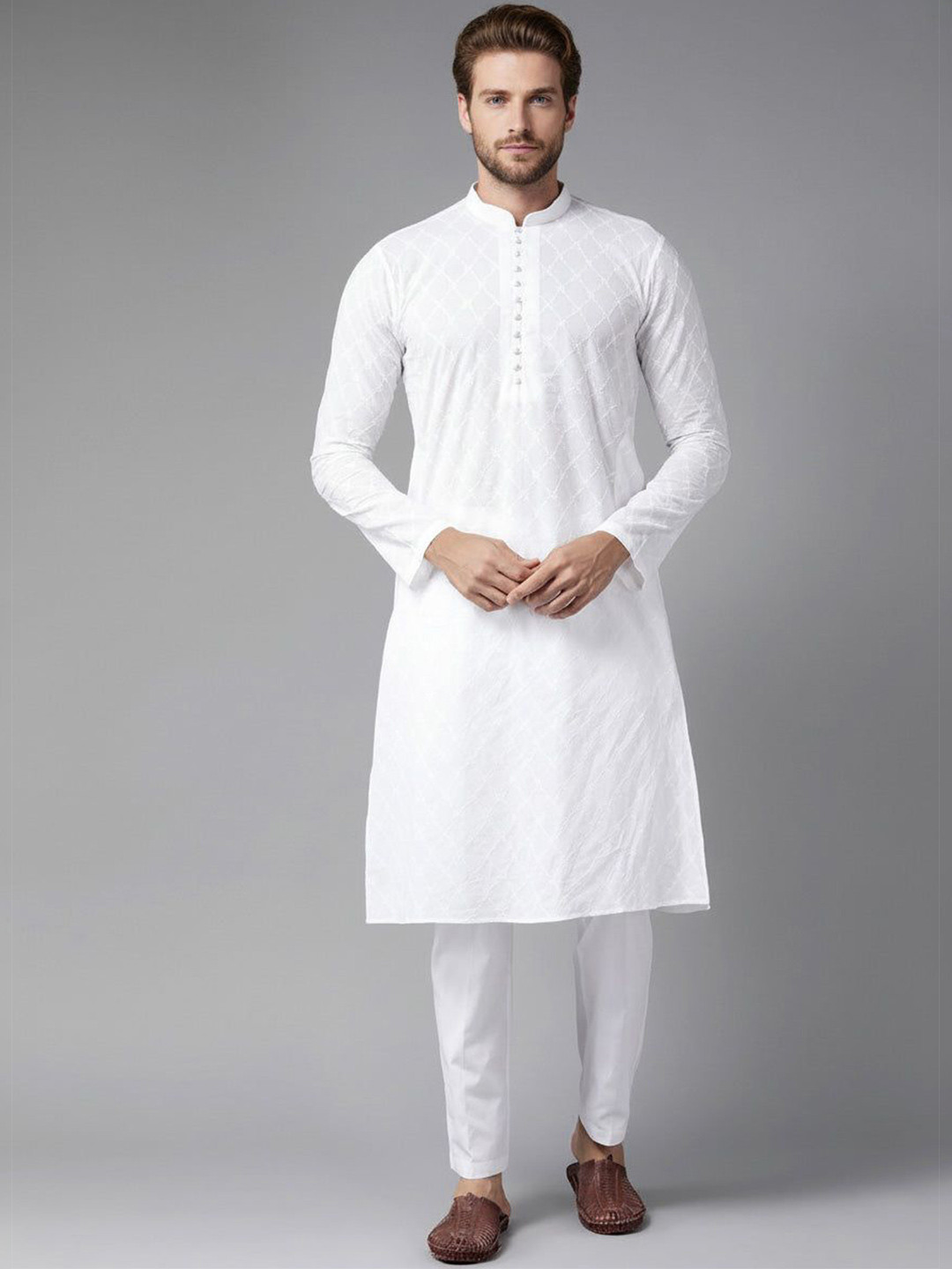 simple way Floral Woven Design Long Sleeves Mandarin Collar Chikankari Kurta