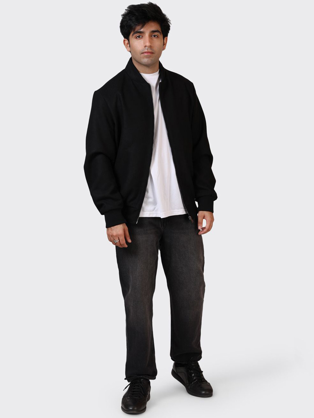 HUE & HIDE Men Solid Stand Collar Bomber Jacket